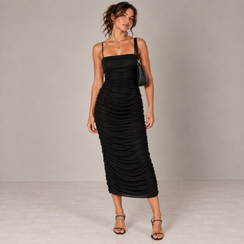 PrettyLittleThing Midi Dress Womens 4 Black Ruched Mesh Bodycon Square Neck